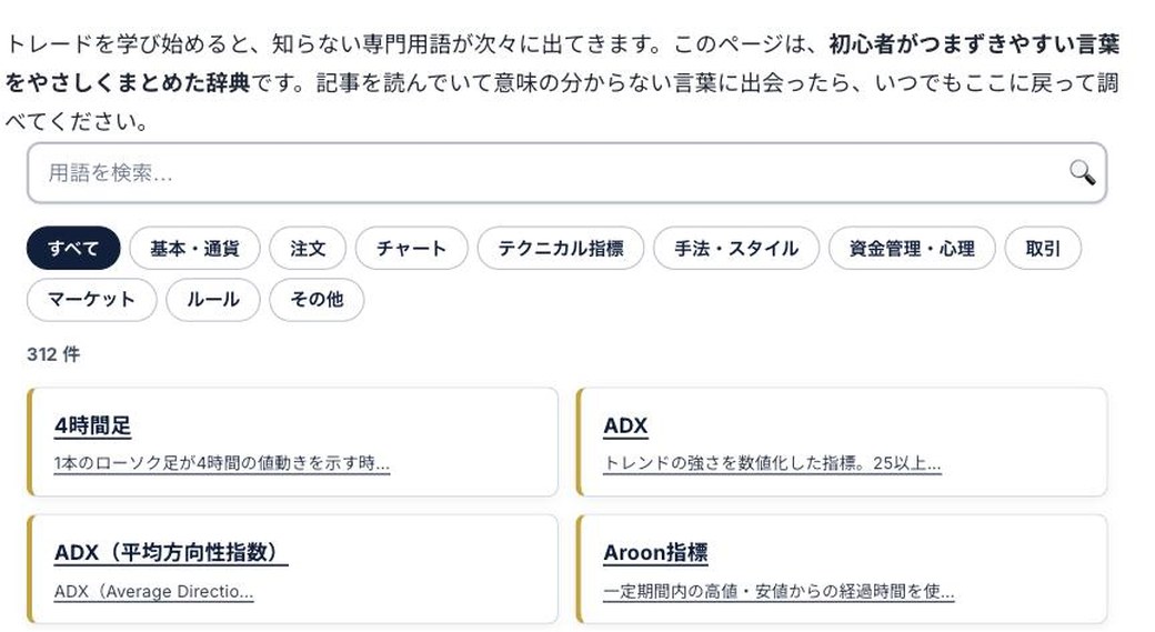 FX用語辞典のページ。検索窓とカテゴリ絞り込み、312件の用語が一覧で並んでいる