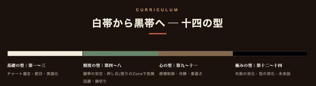学習サイトのカリキュラム。基礎の型・精度の型・心の型・極みの型の四段階が帯の色で示されている